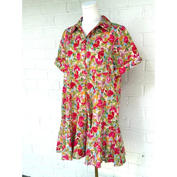 Entro Floral Button Dress Multicolor Collared Short Sleeve Tiered Hem Boho M - Picture 5 of 9